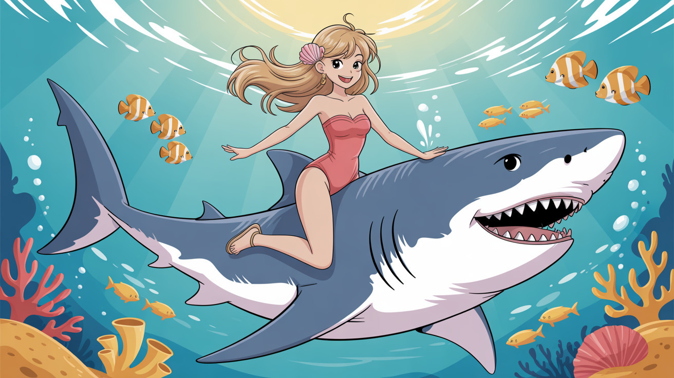 Girl Riding Shark Underwater Surrounded by Fish and Coral