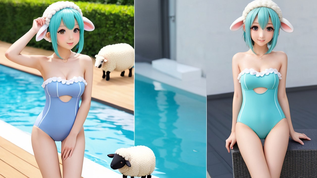 Cute Character in Light Blue Swimsuit by Pool
