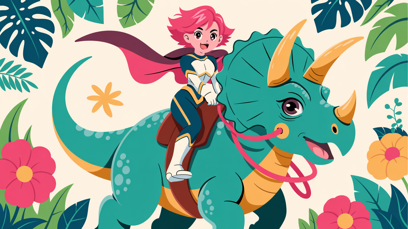 Confident Girl Riding Cartoon Triceratops Illustration