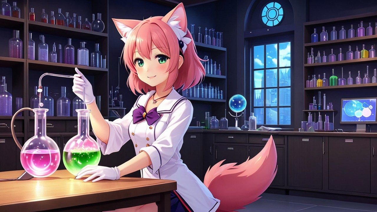 Fantasy Laboratory with Young Girl Mixing Potions