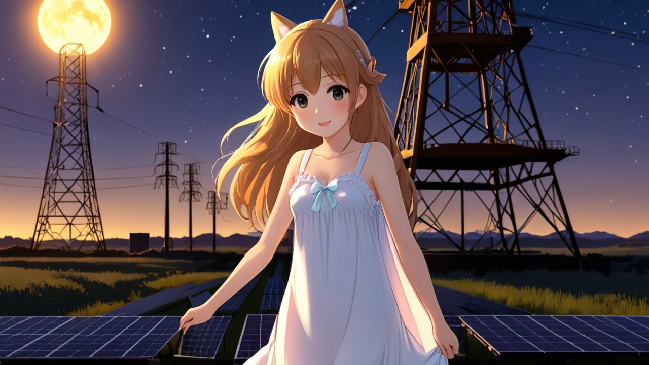 Young girl in a dress with solar panels at dusk
