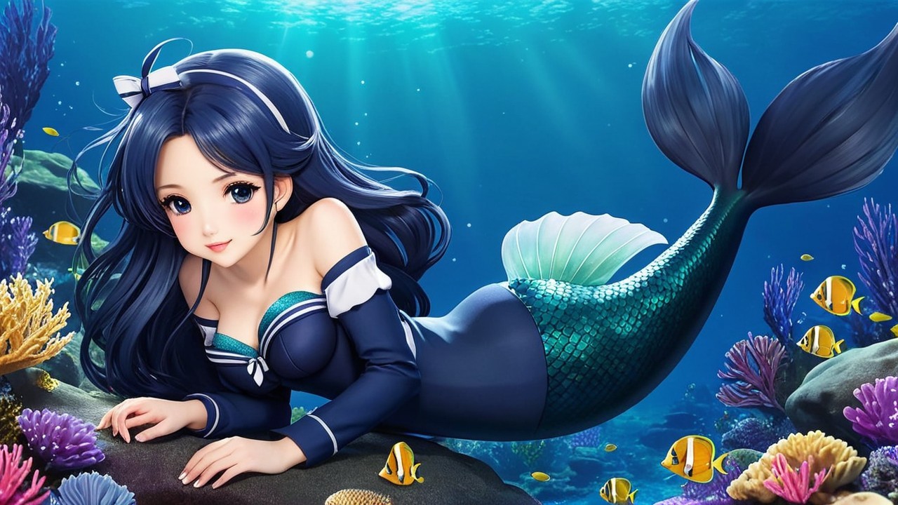Animated Mermaid on Coral Reef with Colorful Fish