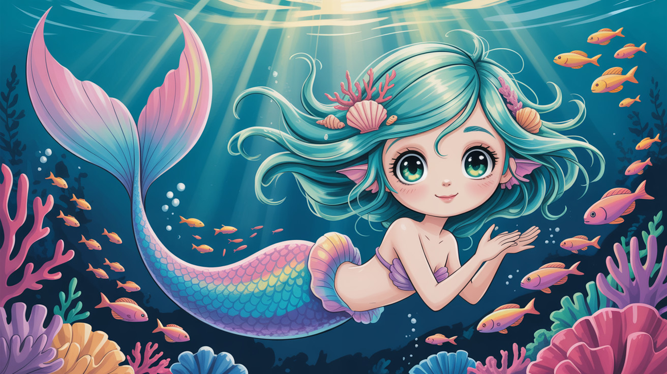 Chibi-style mermaid with colorful underwater scene