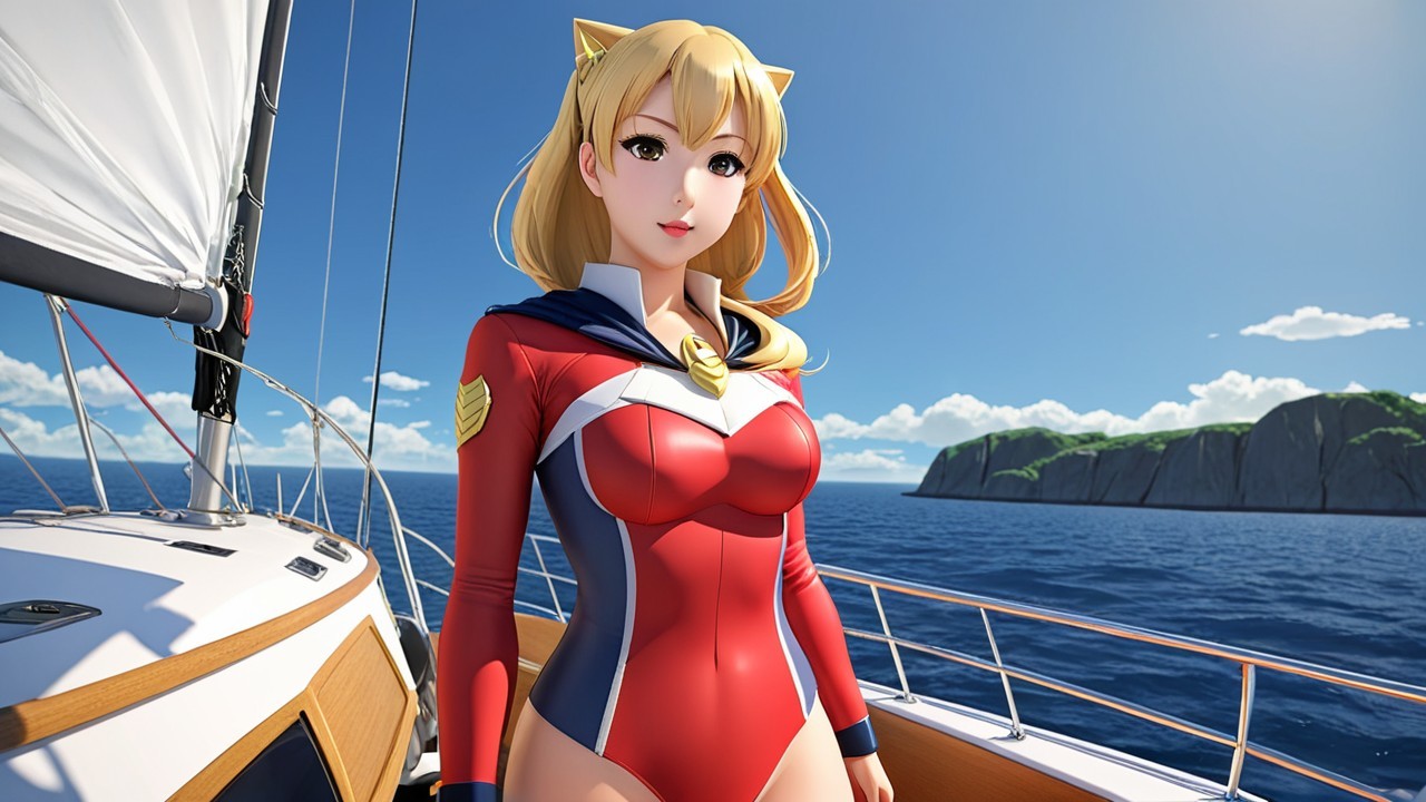 Anime-Inspired Character on Sailboat with Ocean View