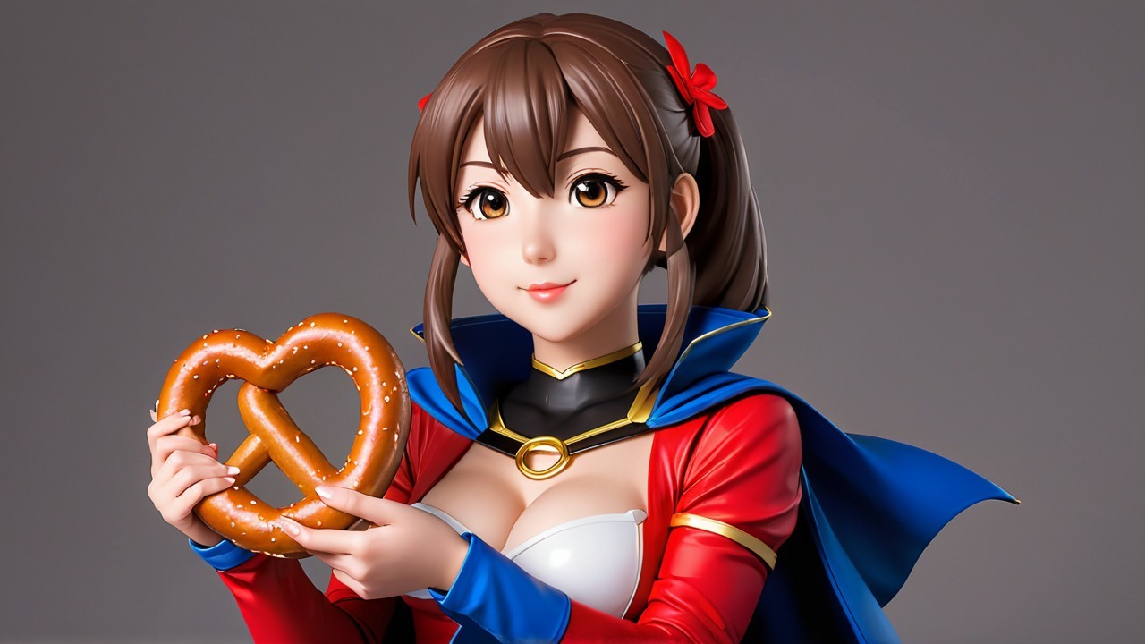 Anime Character in Superhero Outfit with Pretzel