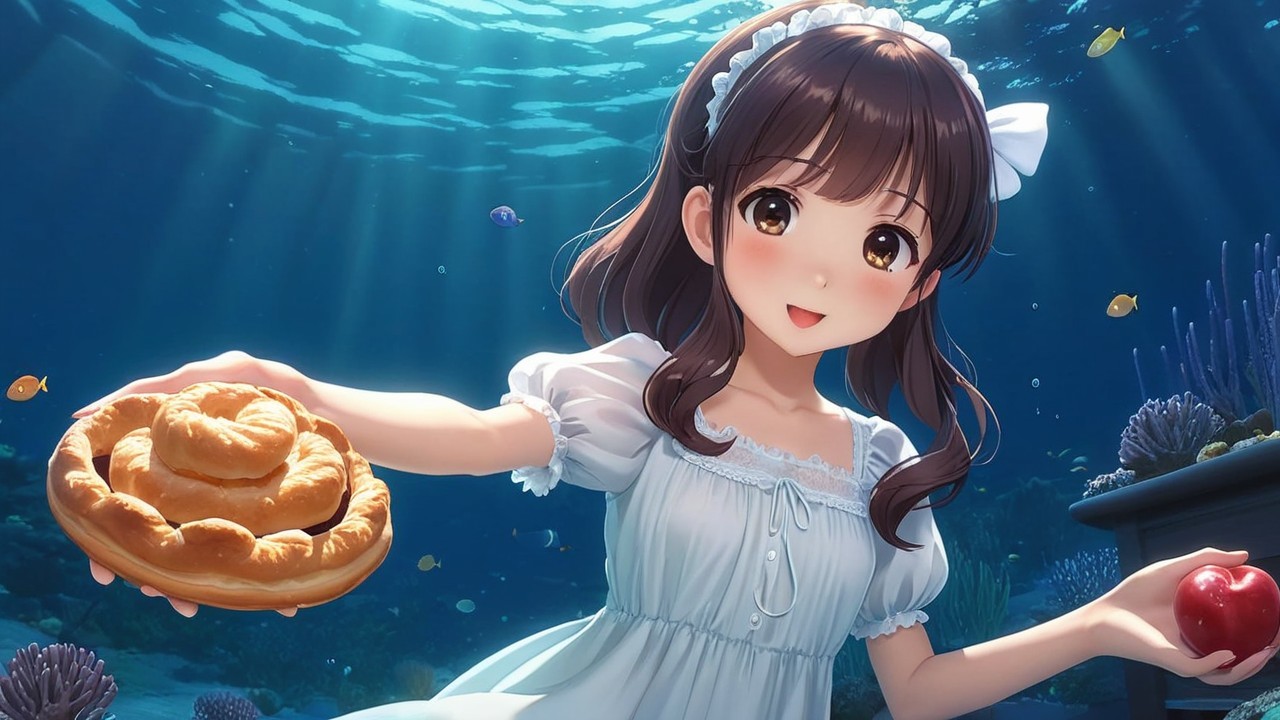 Young girl in underwater scene with pastry and apple