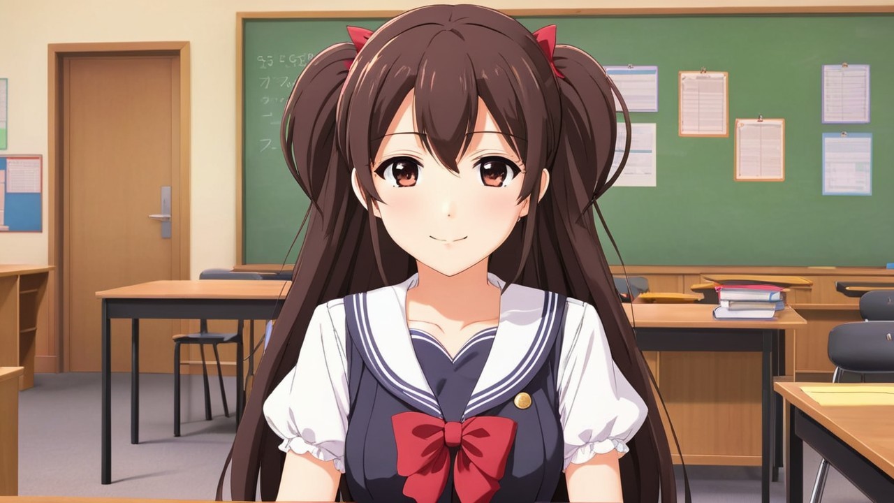 Cheerful Anime Girl in School Classroom Setting