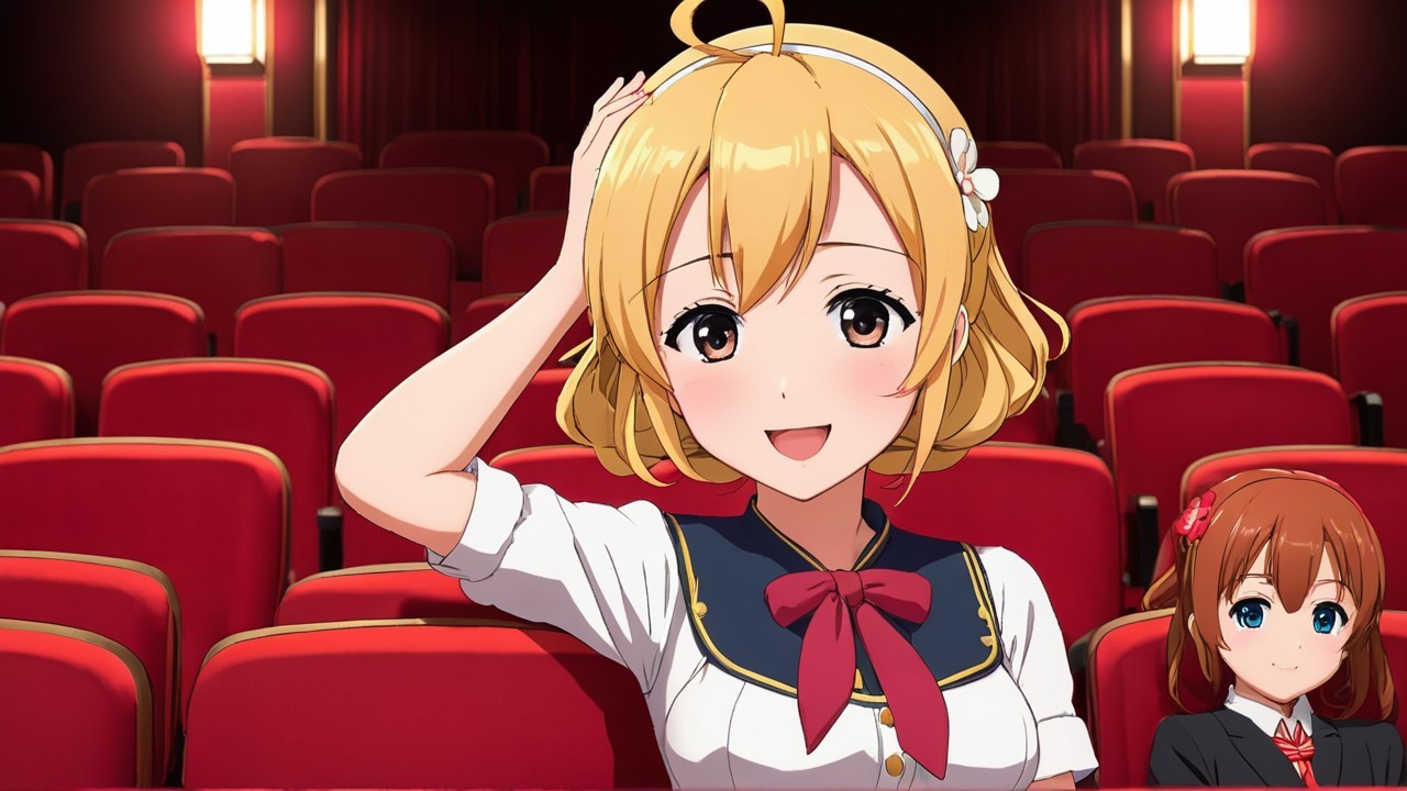 Cheerful girls in a cozy theater setting with red seats