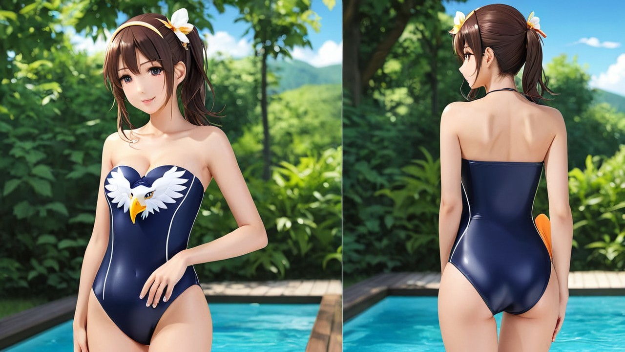 Young woman in navy swimsuit by a poolside setting