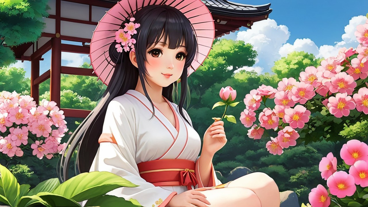 Young Woman in Kimono Surrounded by Cherry Blossoms