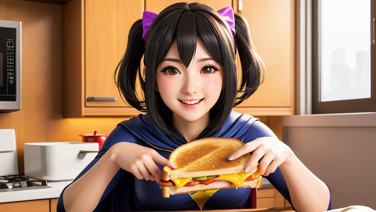 Cheerful Girl in Superhero Costume with Sandwich