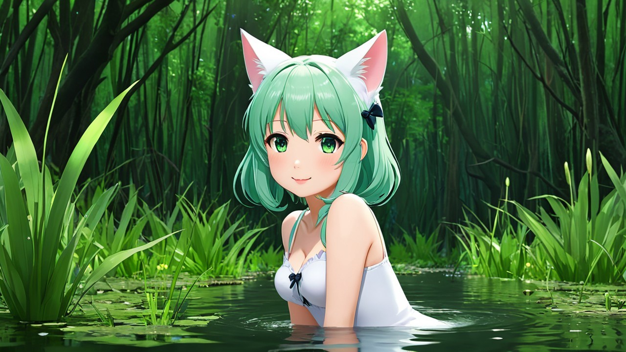 Anime Character with Green Hair in Forest Pond