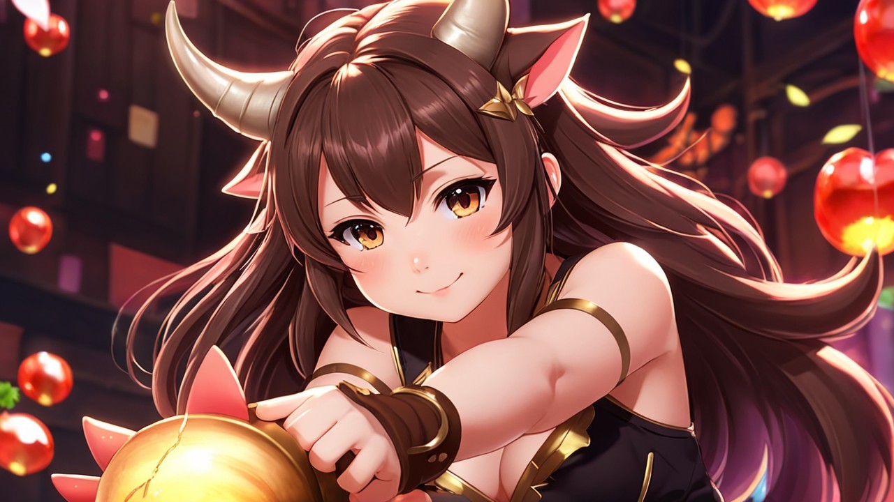 Fantasy character with dark hair and festive backdrop