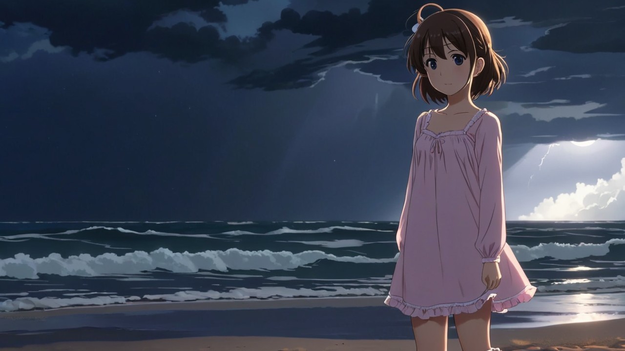 Young girl in pink nightgown on beach at dusk