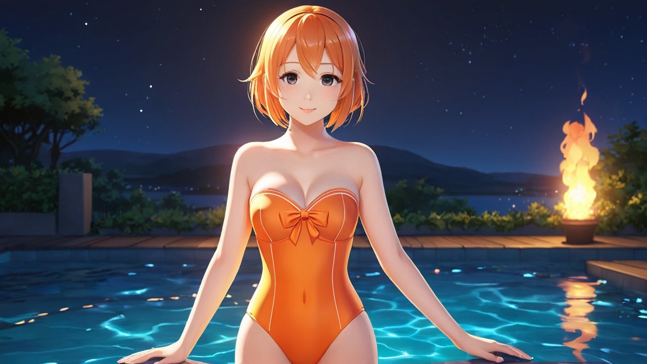 Cheerful anime character by shimmering night pool