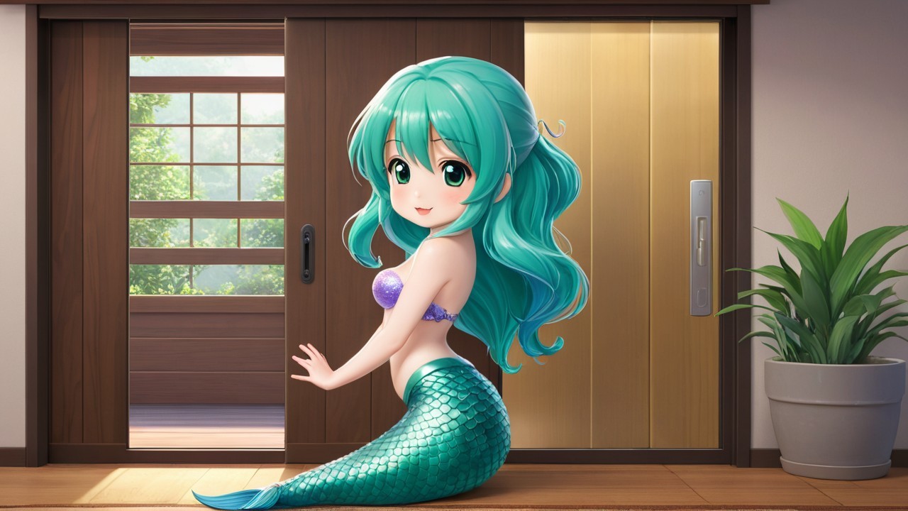 Stylized Mermaid Character in Cozy Indoor Setting