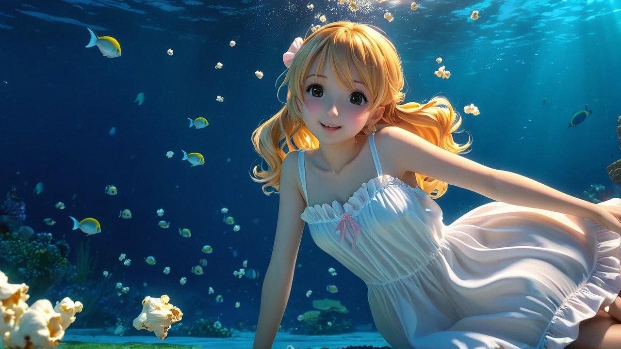 Whimsical Underwater Scene with Girl and Tropical Fish