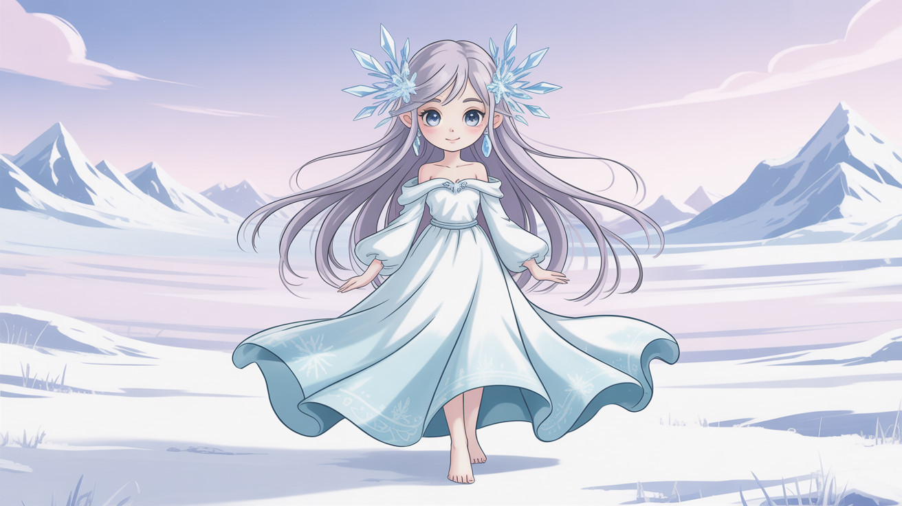 Chibi-Style Anime Girl in White Dress with Ice Crown