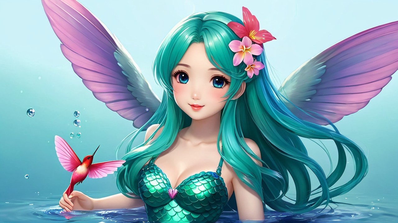 Mermaid with Turquoise Hair and Shimmering Wings