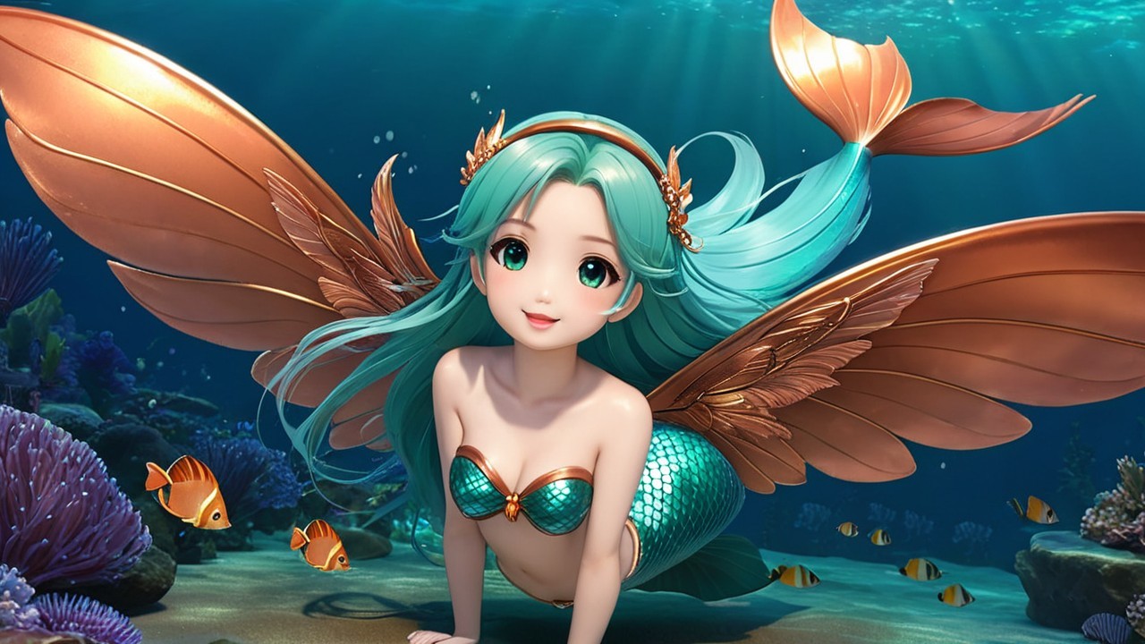 Mermaid with Turquoise Hair in Underwater Landscape
