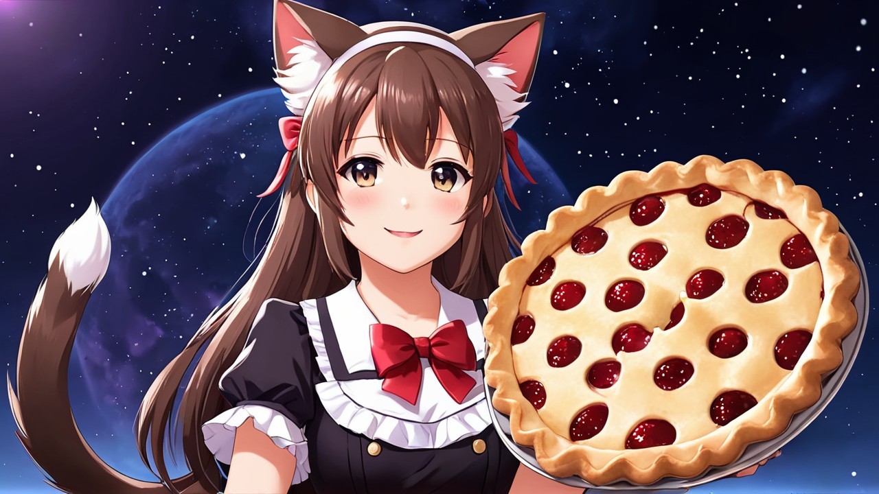 Cheerful character in maid outfit with pie in space