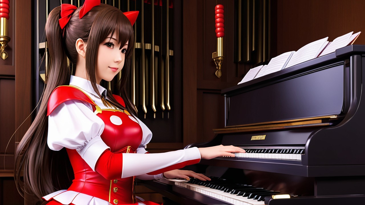 Young Woman in Red Outfit at Grand Piano