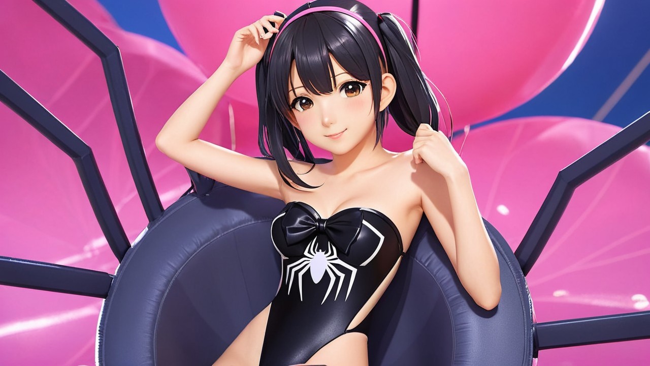 Young Woman in Black Swimsuit with Spider Design