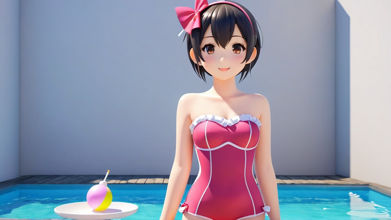 Cheerful Anime Character by Bright Blue Pool