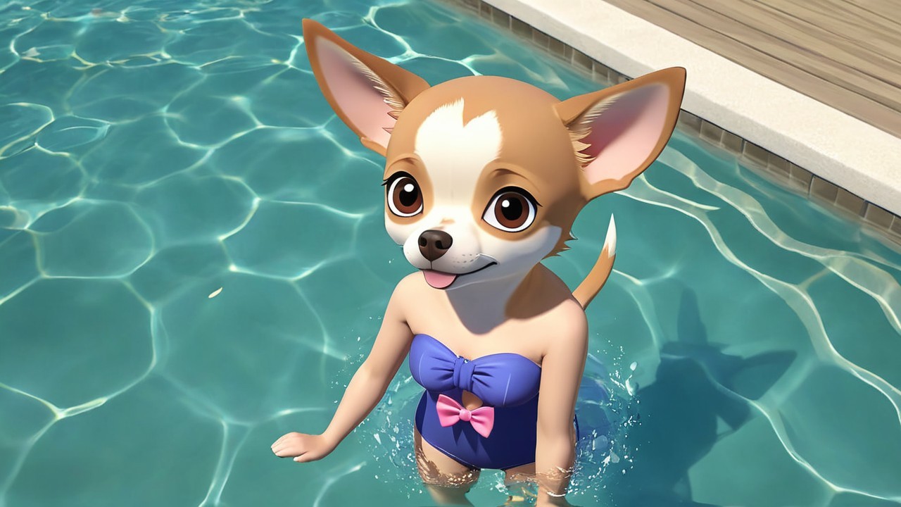 Cute Chihuahua in Blue Swimsuit by Sparkling Pool