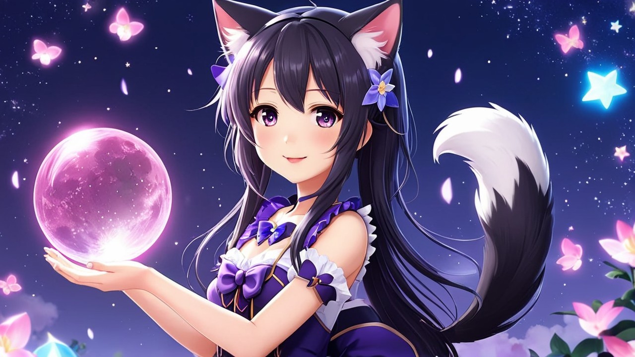 Feline Character in Magical Night Sky with Butterflies