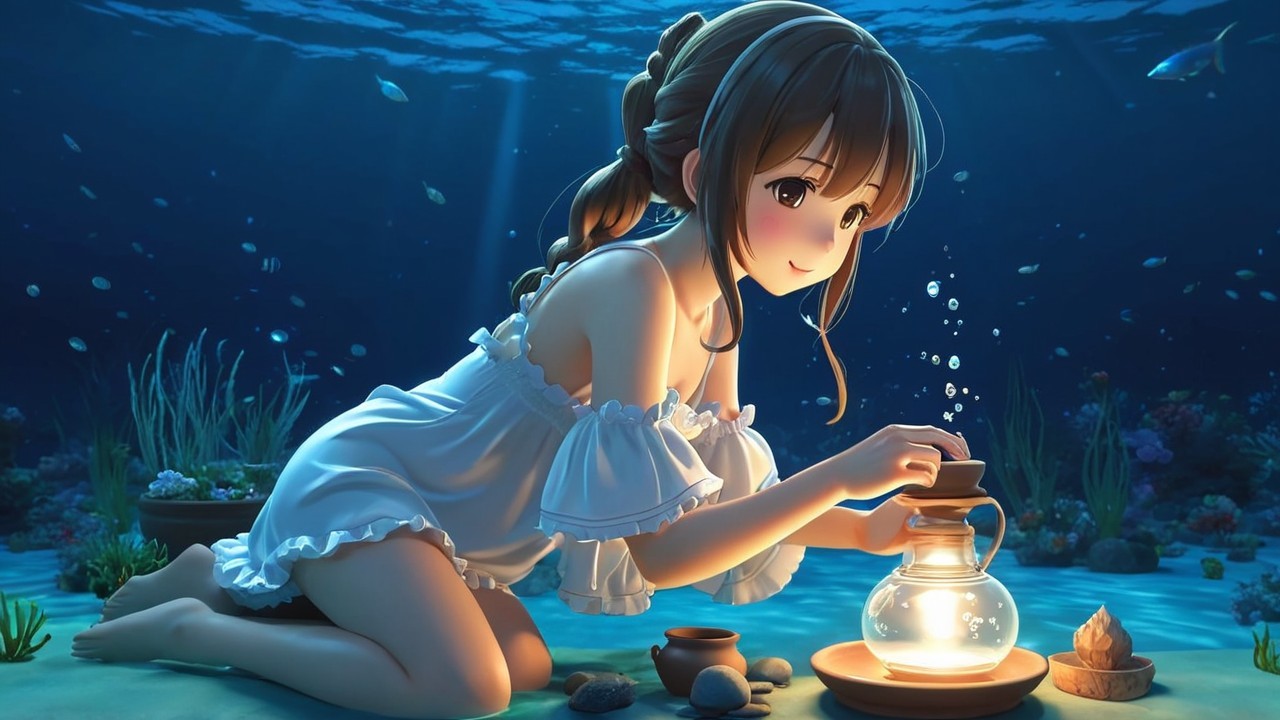 Underwater Scene with Woman and Lantern Surrounded by Marine Life