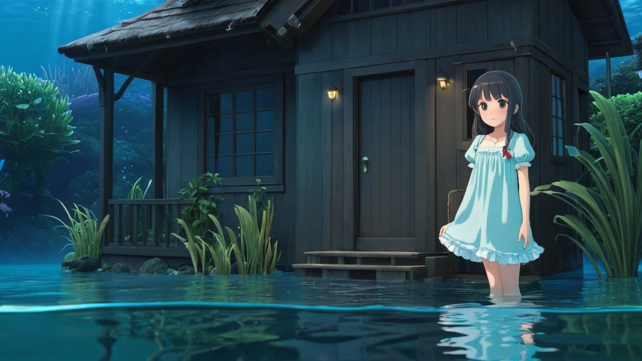 Underwater Scene with Wooden House and Young Girl
