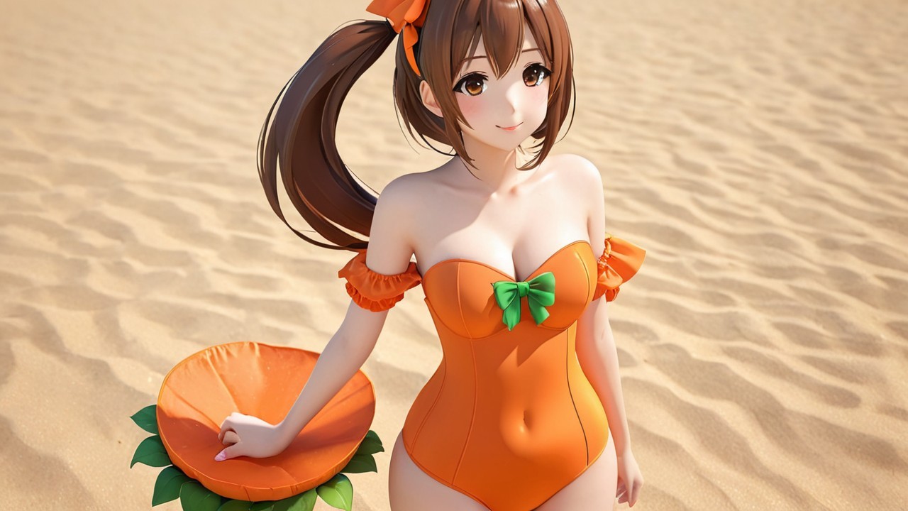 Cheerful Anime Character in Orange Swimsuit at Beach