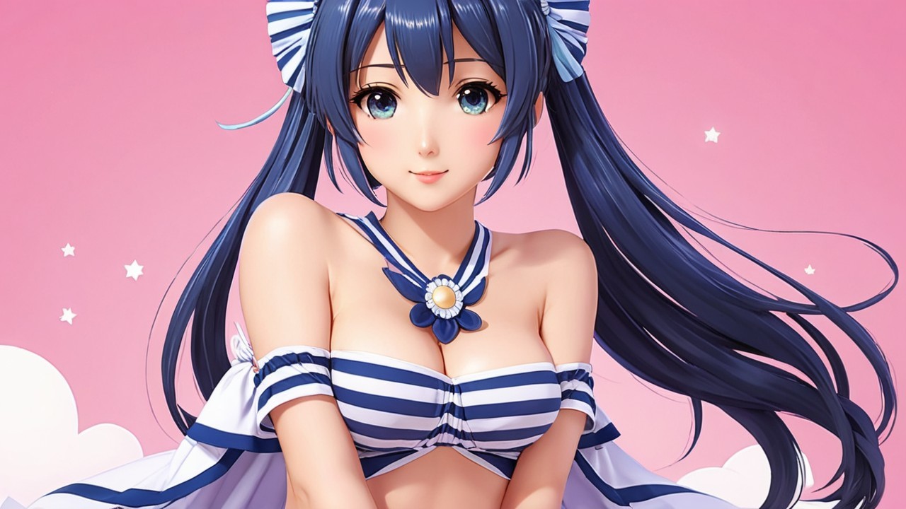 Anime Character with Dark Blue Hair and Bikini Top