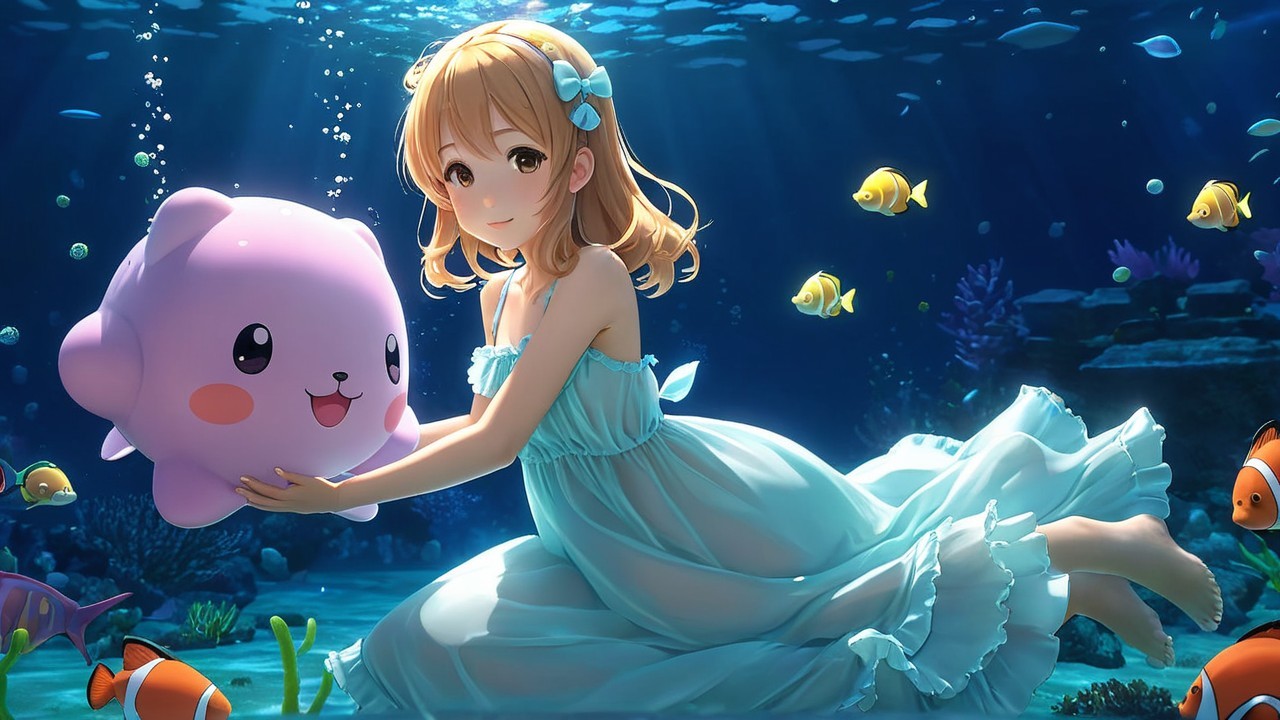 Young girl in blue dress underwater with colorful fish