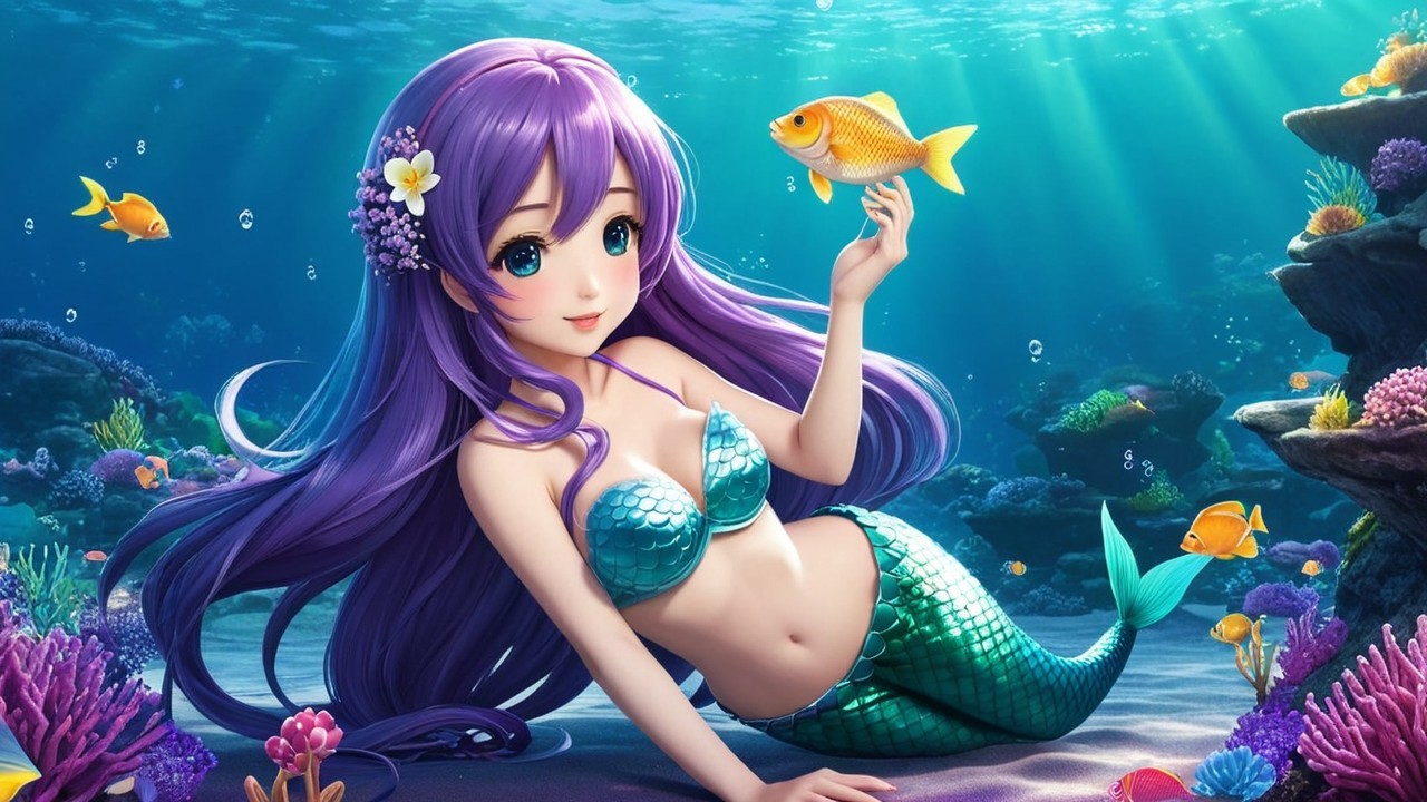 Whimsical Underwater Scene with a Mermaid and Coral