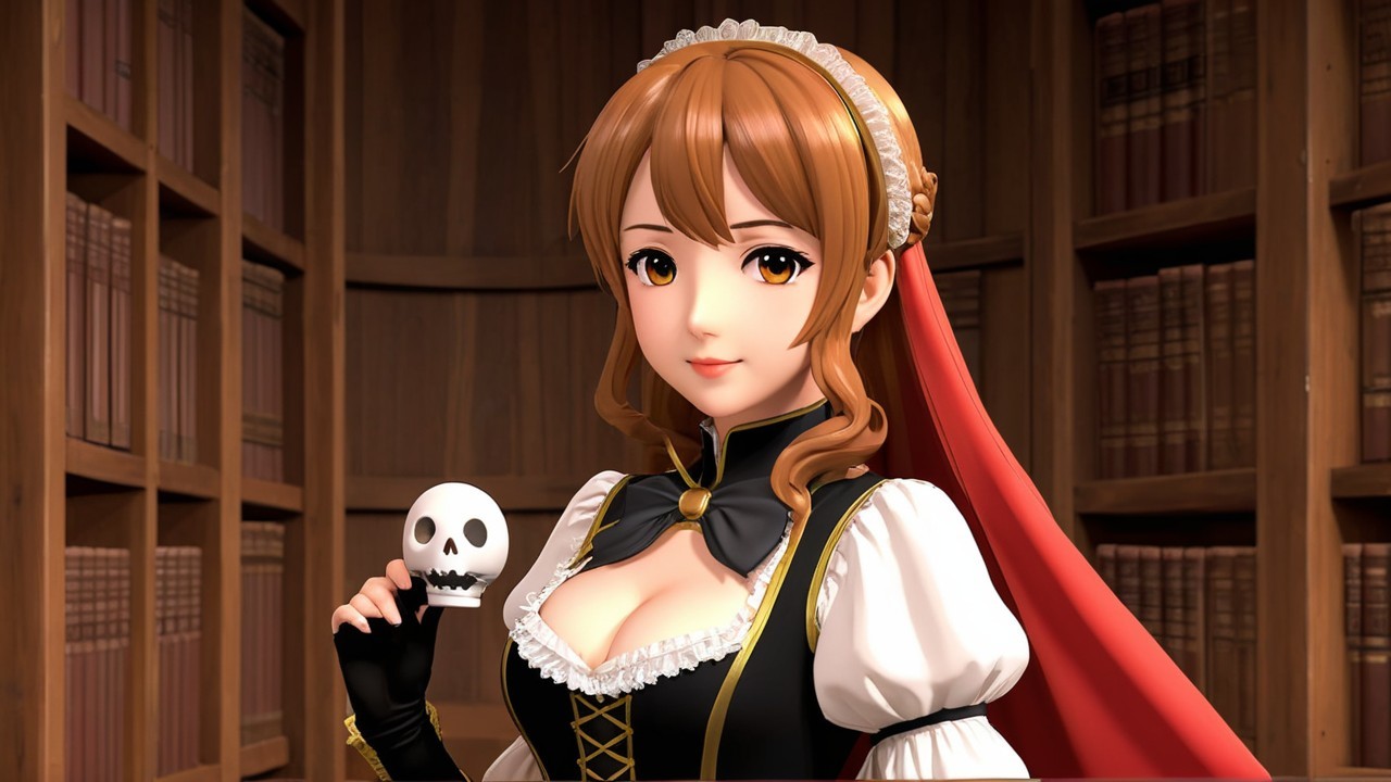 Cozy Library Scene with Victorian Character and Skull