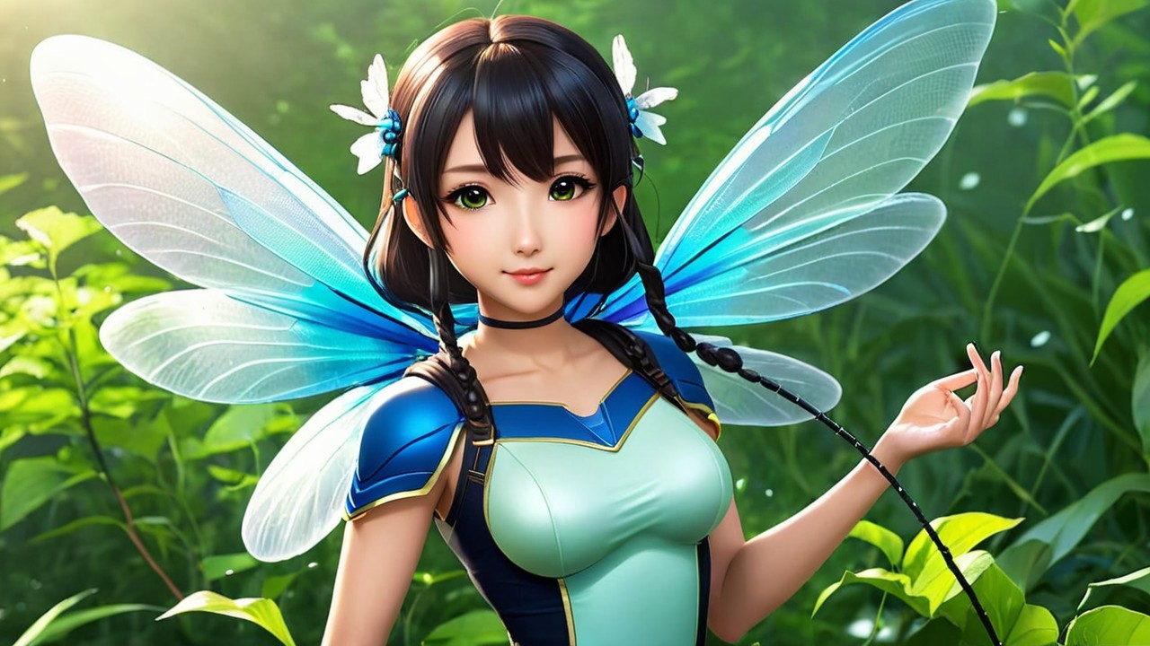 Whimsical Character with Blue Wings in Lush Greenery