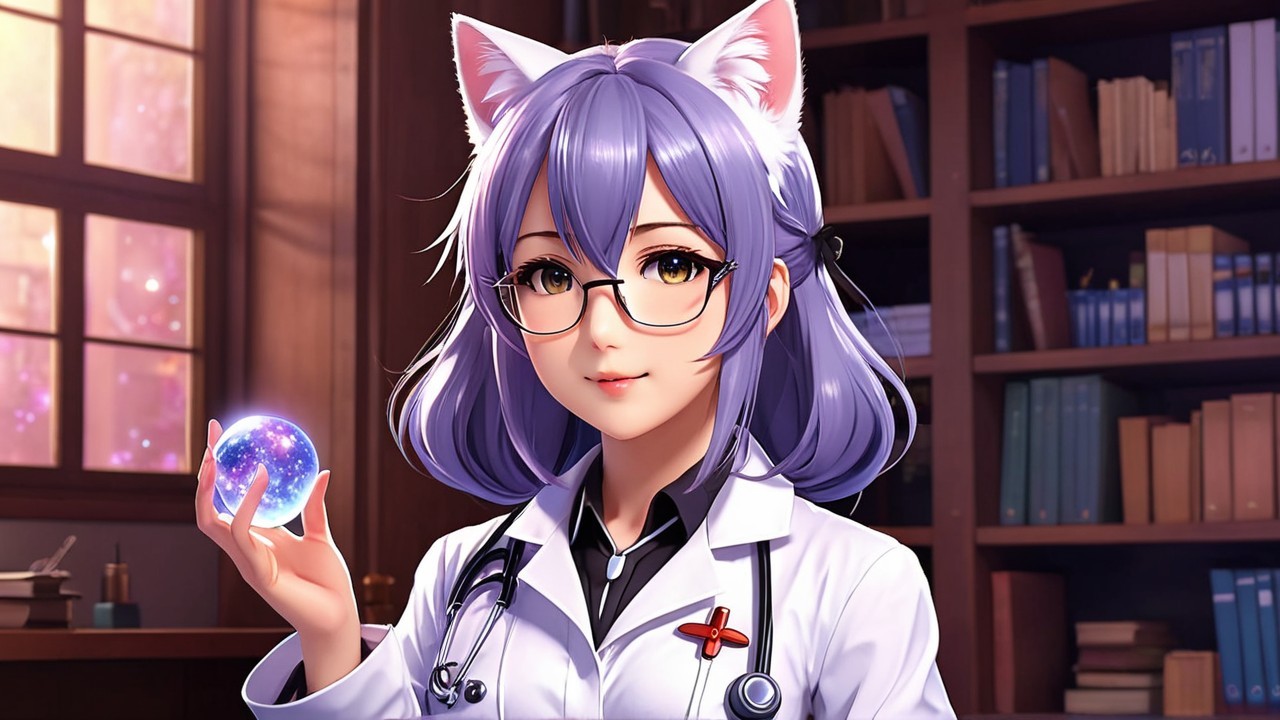 Young woman with purple hair in a cozy library setting