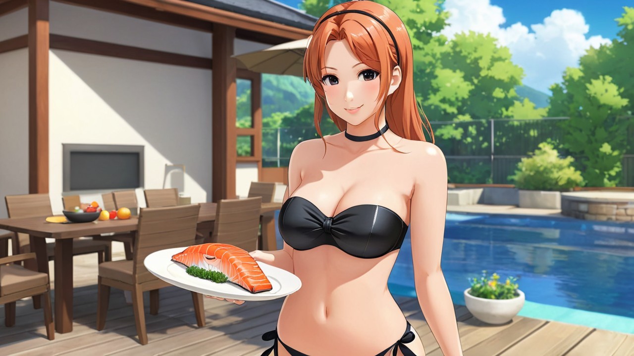 Cheerful Woman by Pool with Sushi in Sunny Setting