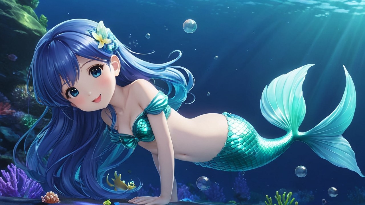 Charming young mermaid in a vibrant underwater scene