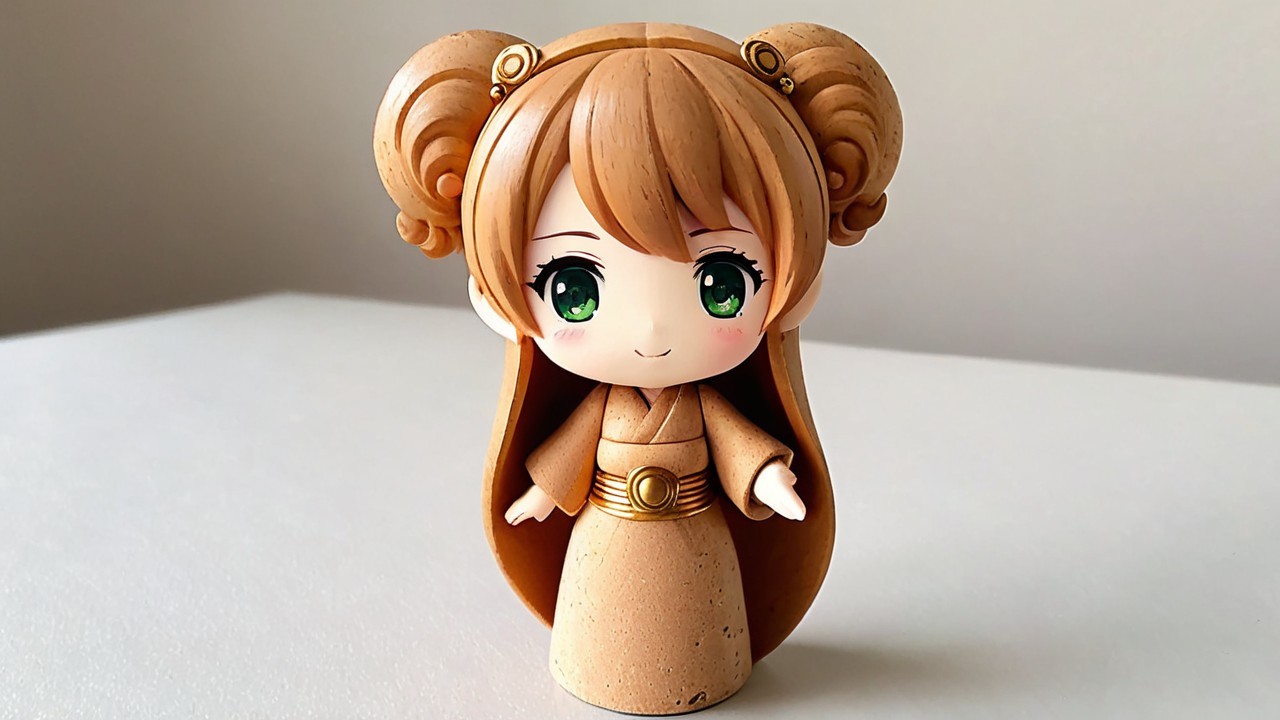 Stylized Cute Figurine with Green Eyes and Buns