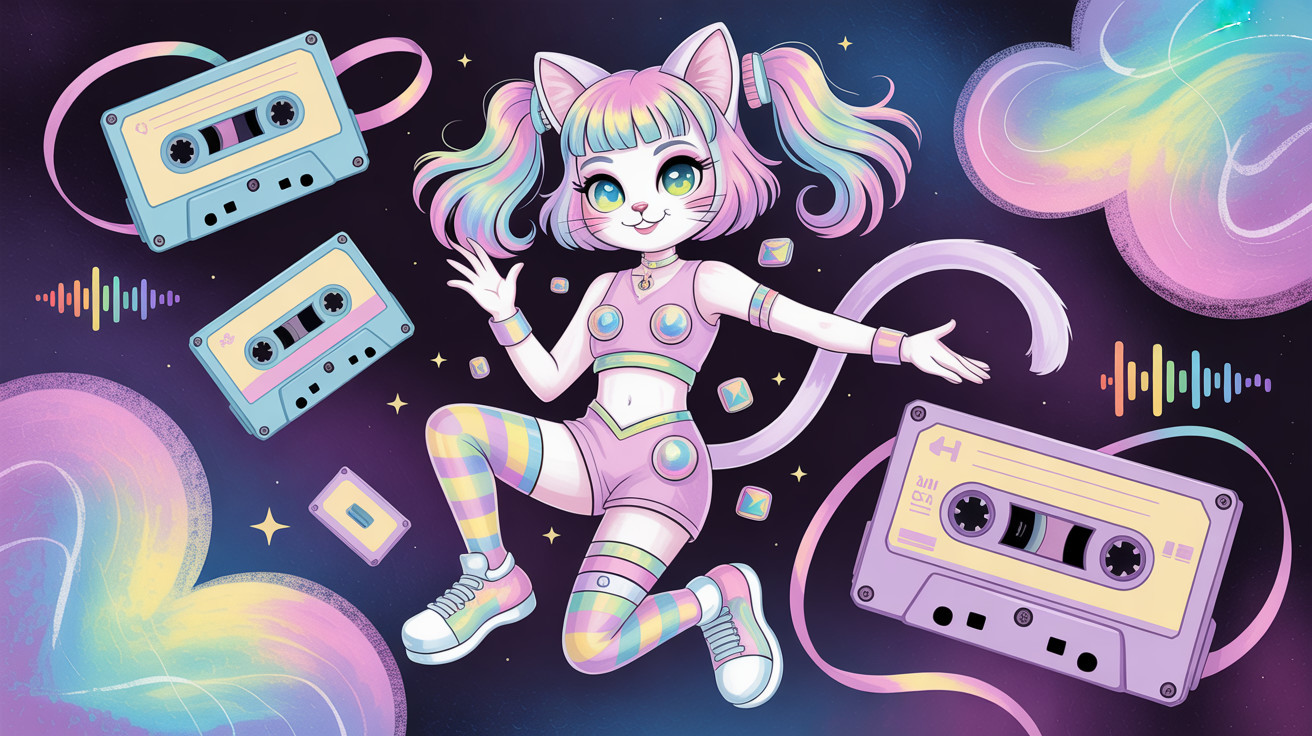 Vibrant Digital Painting of a Colorful Cat Girl Character