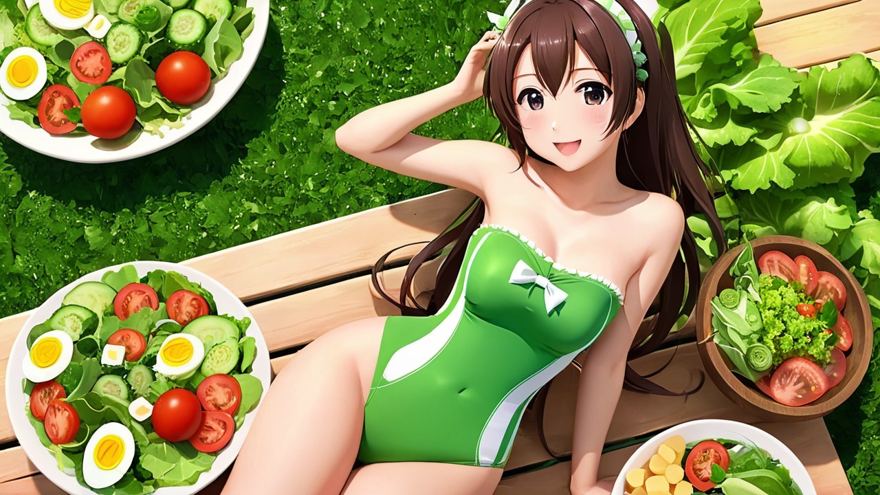 Cheerful character in green swimsuit on grassy surface