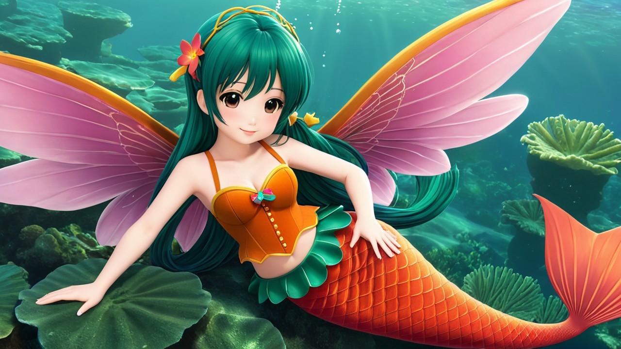 Vibrant Underwater Scene with Cheerful Mermaid