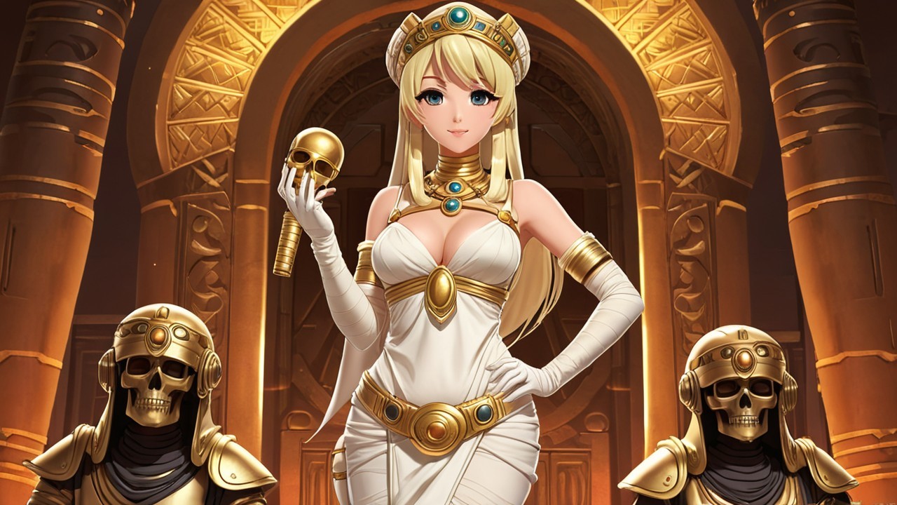 Regal female figure in white gown with skeletal companions