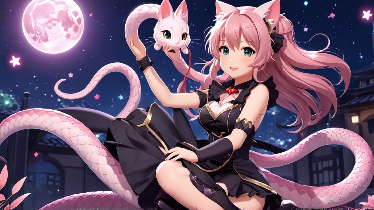 Anime Character with Pink Hair and Cat Ears Under Moon
