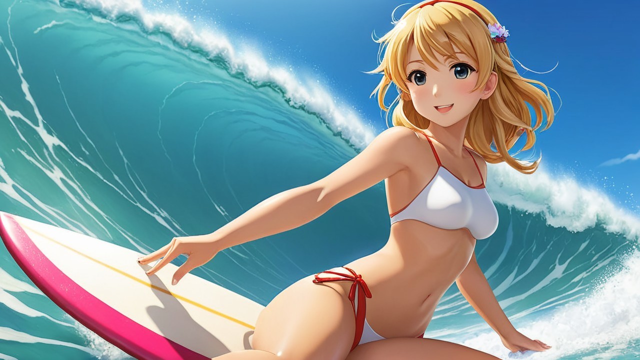 Cheerful girl surfing on a blue ocean wave