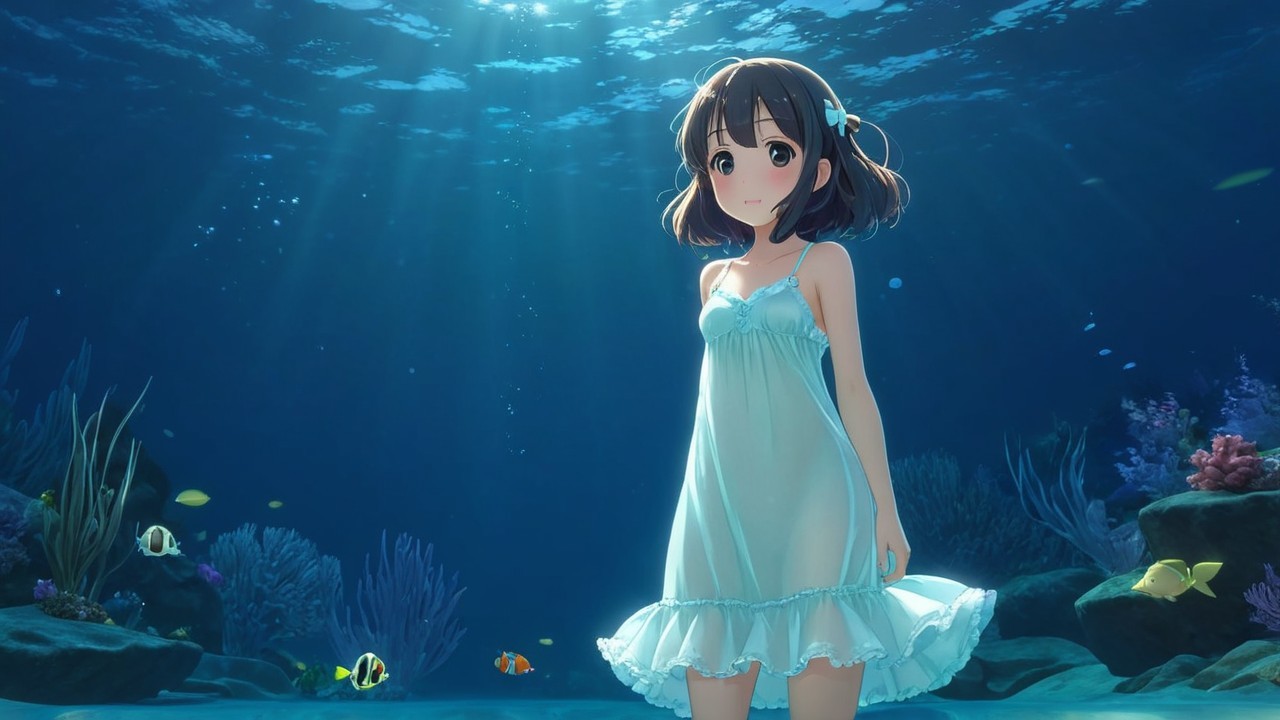 Girl in flowing dress underwater with colorful fish
