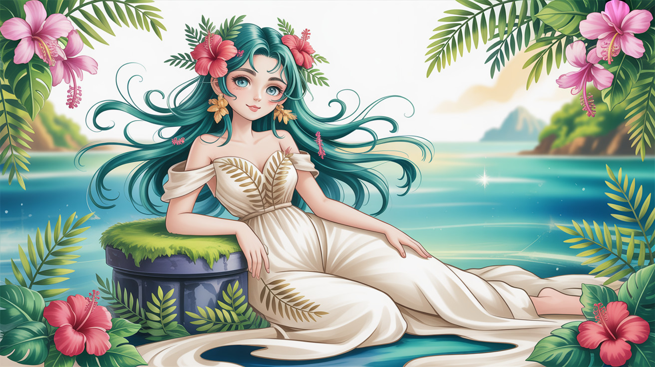 Watercolor Artwork of Anime Girl in Cream Dress